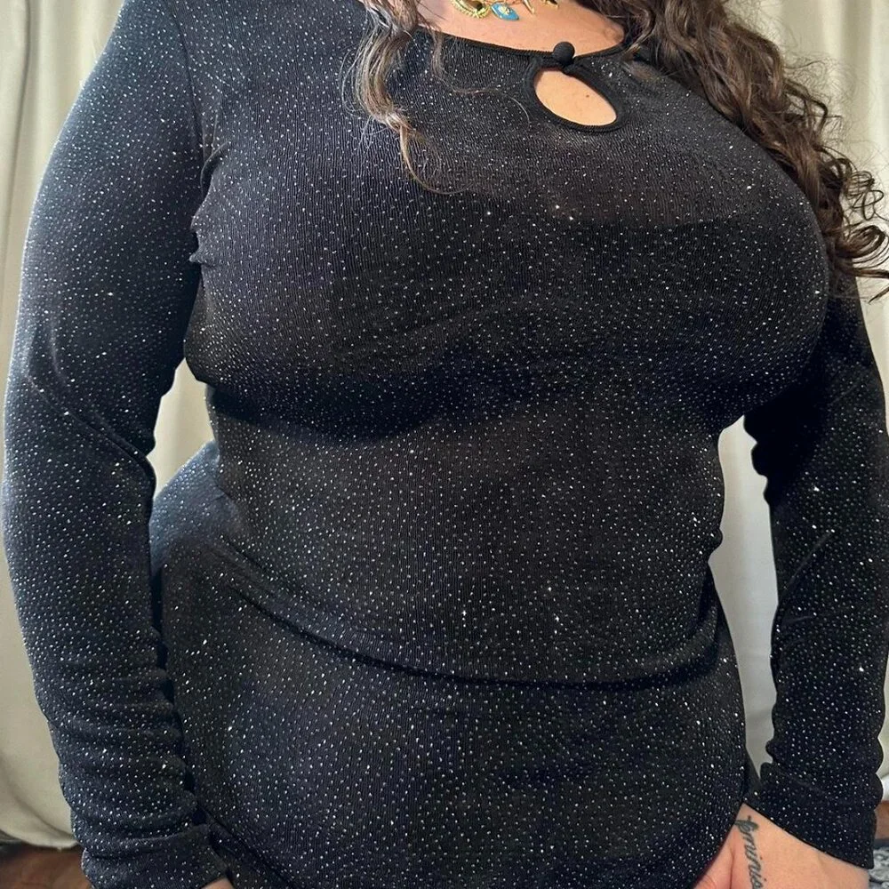 90s Rabbit Rabbit Rabbit Designs Black Sparkle Longsleeve Slinky Mini Dress - Picture 2 of 6